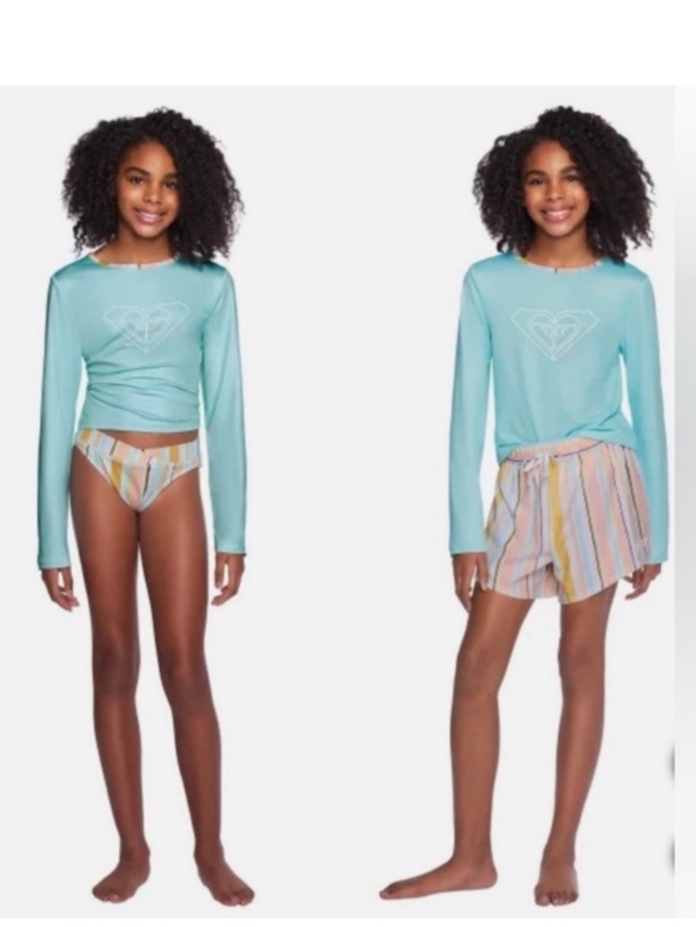 Roxy Girls Swim Set Light Blue 3-PC UPF 50 Rash Guard Bikini Bottom Shorts